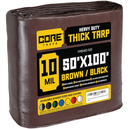 Core Tarps Heavy Duty Tarp, 100 ft L x 0.5 mm H x 50 ft W, 10 Mil, Brown/Black, Polyethylene CT-602-50X100